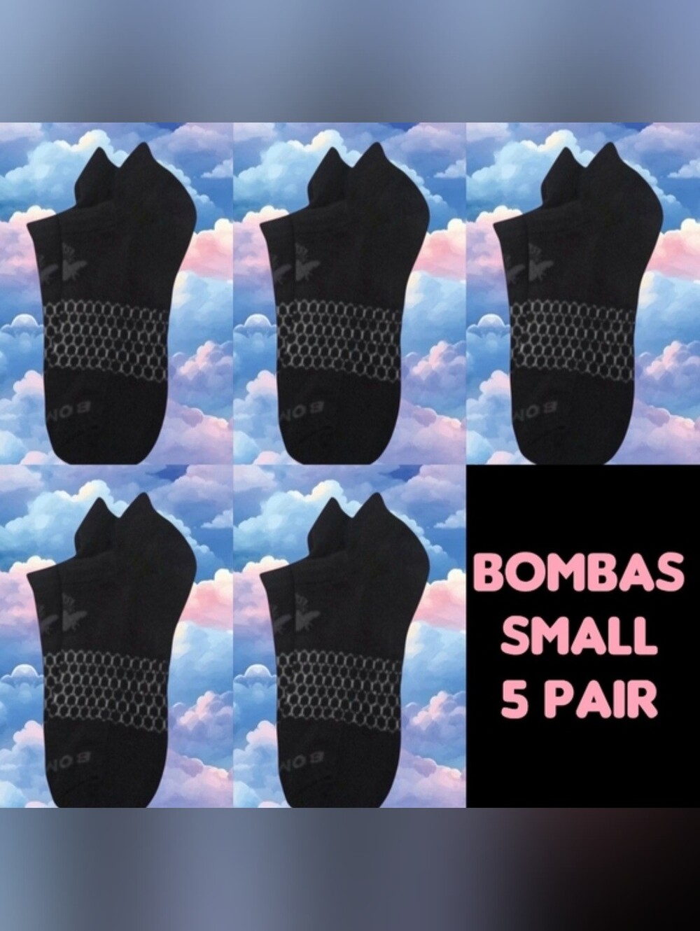 Bombas Ankle Socks Small 5 Pair Womens Honeycomb Black/Grey BNWT